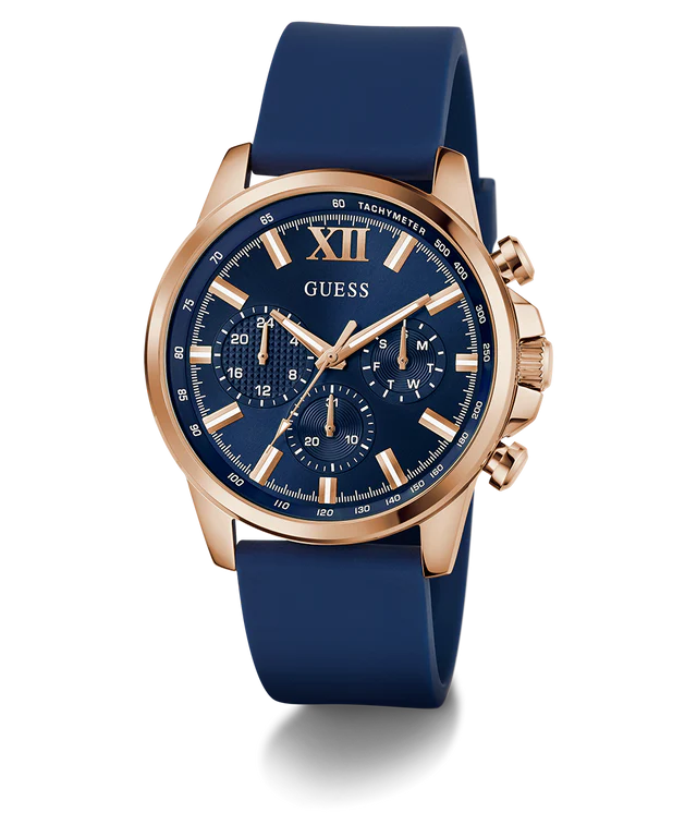 GUESS Mens Blue Rose Gold Tone Multi-function Watch