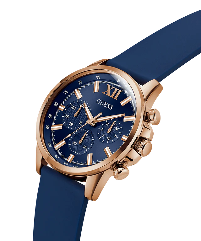 GUESS Mens Blue Rose Gold Tone Multi-function Watch