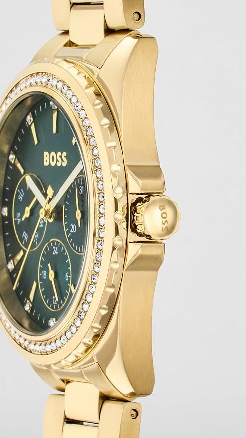 BOSS Atea Qtz Multifunction Green Round Dial Women's Watch|Ionic Plated Thin Gold Steel Material|Gold Color Band