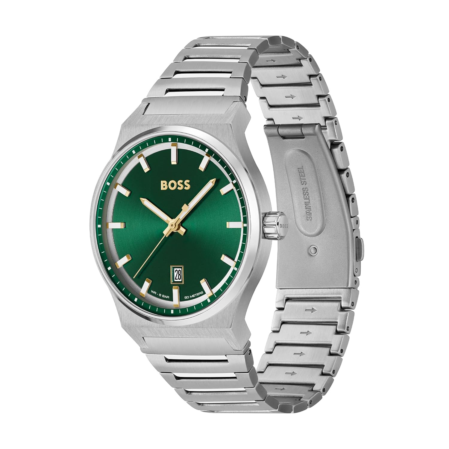 Click to see full view BOSS Candor Qtz Basic Calendar Green Round Dial Men's Analog Watch|Stainless Steel Material|Silver Color Band