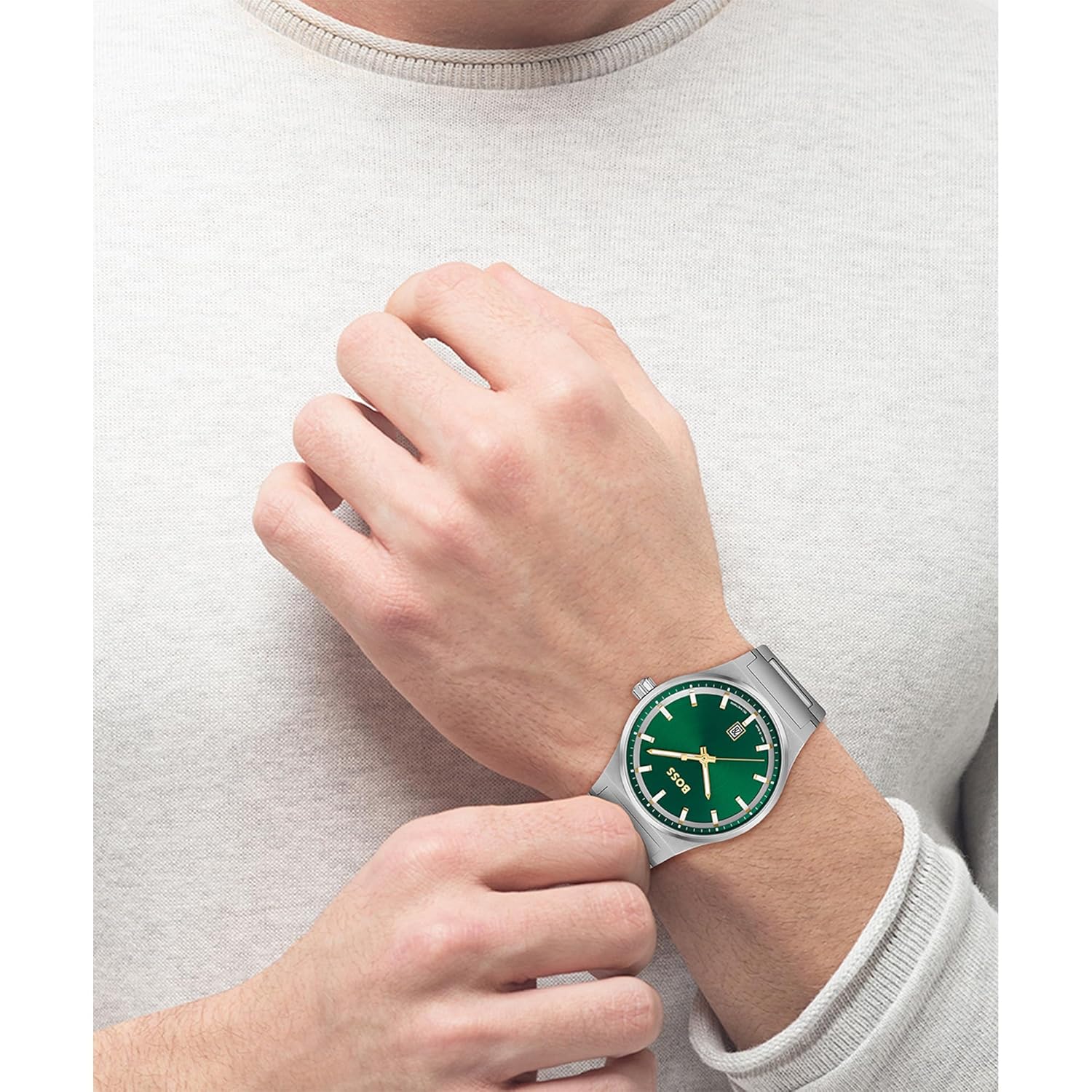 Click to see full view BOSS Candor Qtz Basic Calendar Green Round Dial Men's Analog Watch|Stainless Steel Material|Silver Color Band