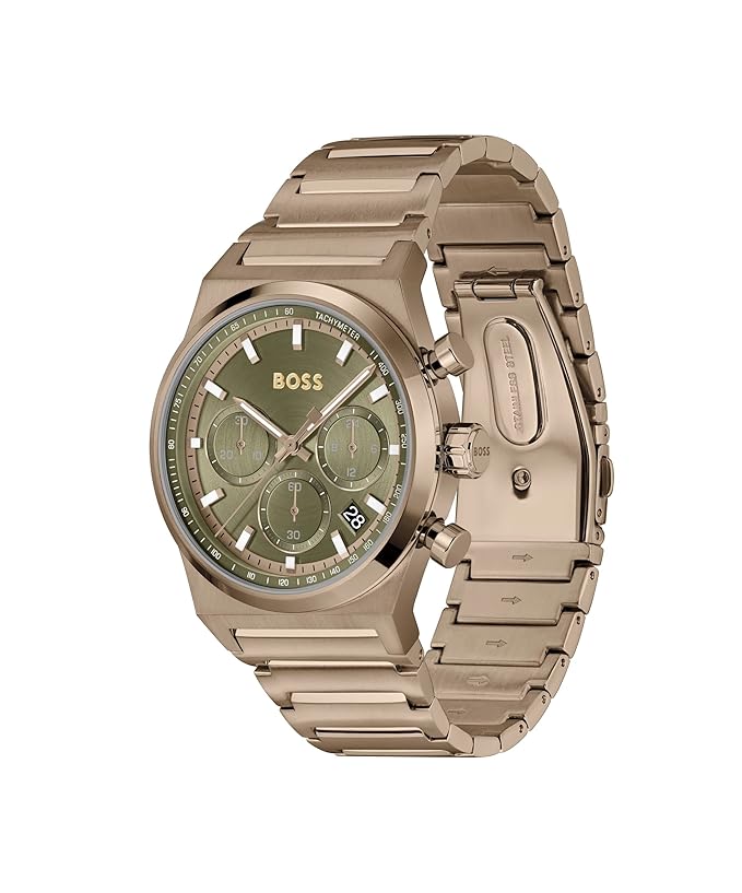 BOSS Candor Chrono Qtz Fashion Chrono Olive Green Round Dial Men's Watch|Ionic Plated Beige Gold Steel Material|Gold Color Band