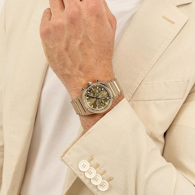 BOSS Candor Chrono Qtz Fashion Chrono Olive Green Round Dial Men's Watch|Ionic Plated Beige Gold Steel Material|Gold Color Band