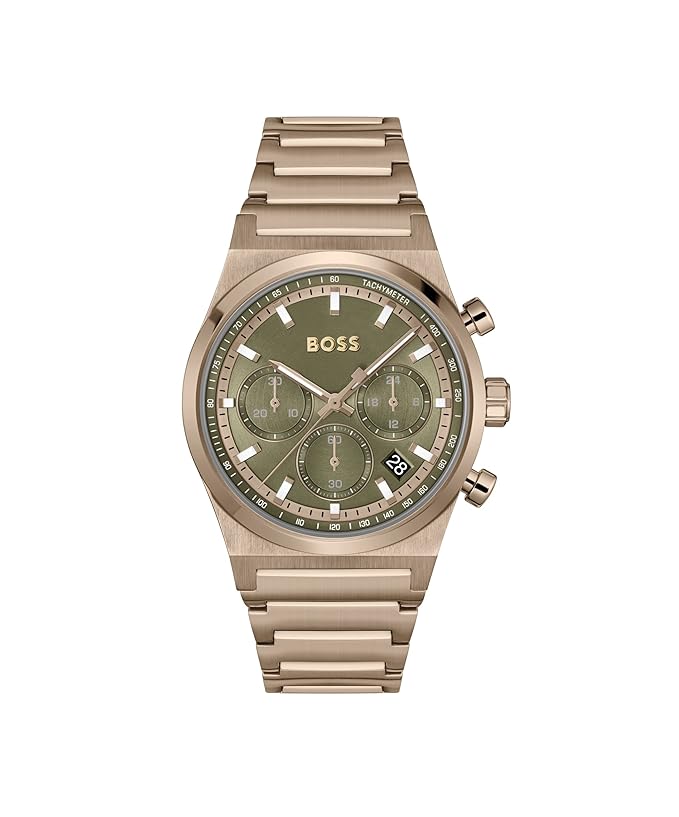 BOSS Candor Chrono Qtz Fashion Chrono Olive Green Round Dial Men's Watch|Ionic Plated Beige Gold Steel Material|Gold Color Band