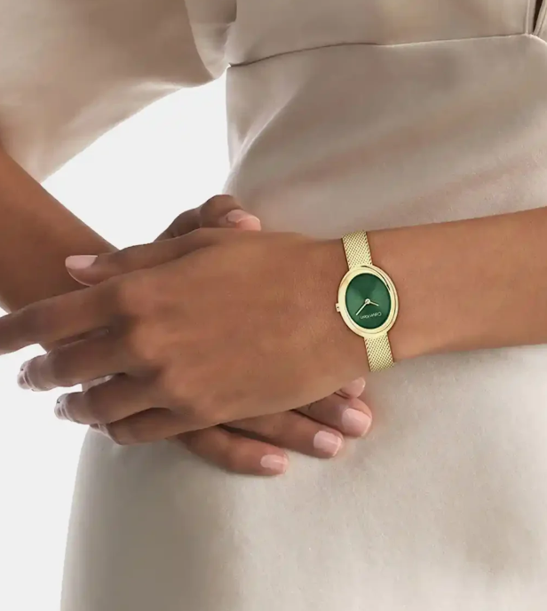 Twisted Bezel Women Quartz Green Dial Analog Stainless Steel Watch