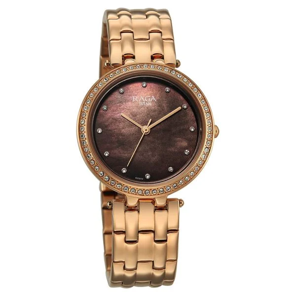 Titan Raga DEC Blaze Quartz Analog Brown Mother Of Pearl Dial Rose Gold Metal Strap Watch For Women