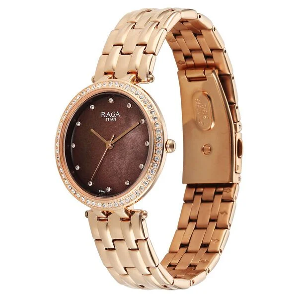 Titan Raga DEC Blaze Quartz Analog Brown Mother Of Pearl Dial Rose Gold Metal Strap Watch For Women