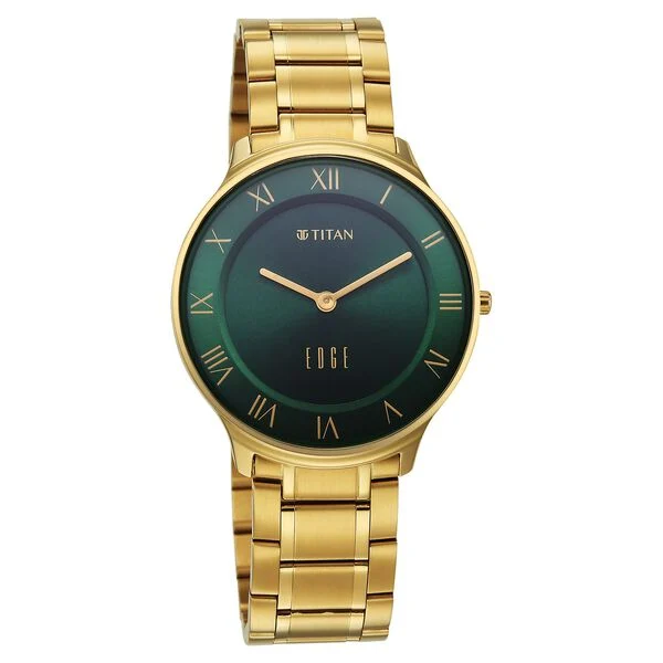 Titan Edge Gleam Quartz Analog Green Dial Golden Stainless Steel Strap Watch For Men