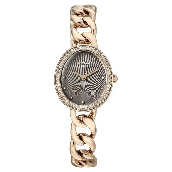 Titan Raga Spotlight Quartz Analog Grey Dial Rose Gold Metal Strap Watch For Women