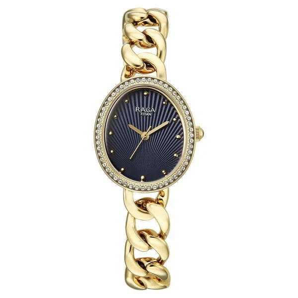 Titan Raga Spotlight Quartz Analog Blue Dial Golden Metal Strap Watch For Women