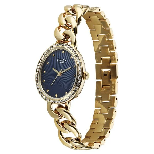 Titan Raga Spotlight Quartz Analog Blue Dial Golden Metal Strap Watch For Women