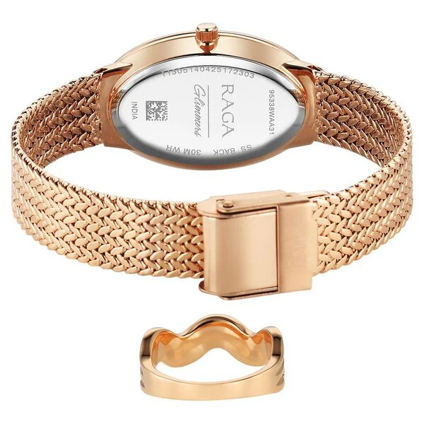 Titan Raga Glimmers Quartz Analog Brown Mother Of Pearl Dial Rose Gold Metal Strap Watch For Women