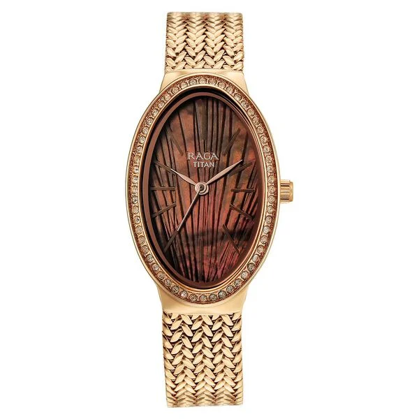 Titan Raga Glimmers Quartz Analog Brown Mother Of Pearl Dial Rose Gold Metal Strap Watch For Women