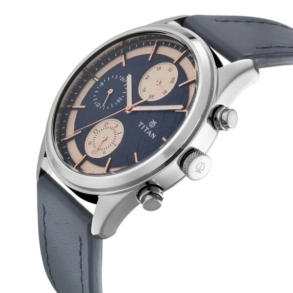 Titan Men's Metropolitan Charm: Men's Multifunctional Blue Watch with Leather Strap
