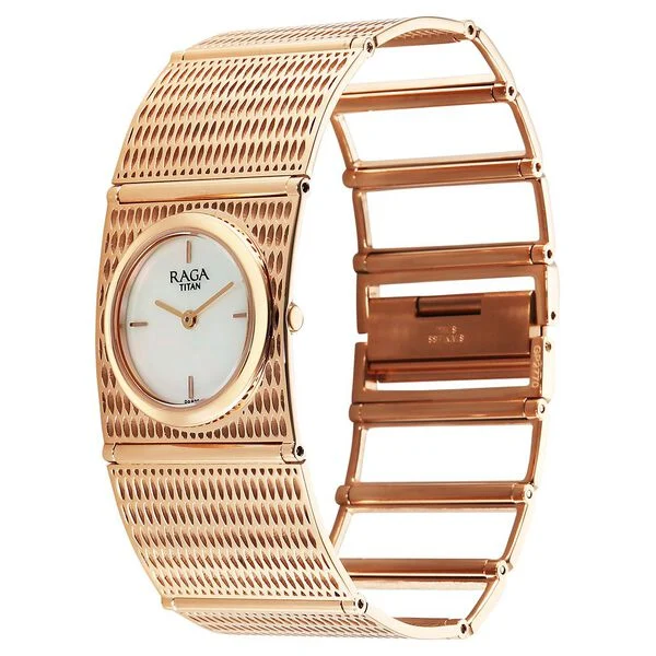Titan Raga Ethereal Quartz Analog White Mother Of Pearl Dial Rose Gold Stainless Steel Strap Watch For Women