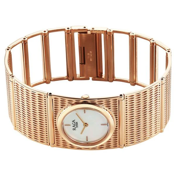 Titan Raga Ethereal Quartz Analog White Mother Of Pearl Dial Rose Gold Stainless Steel Strap Watch For Women