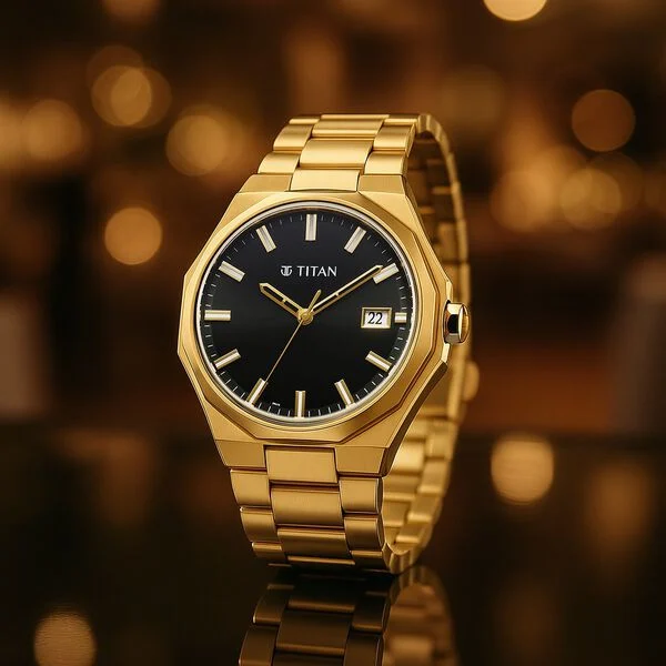 Titan Regalia Dodecagon Quartz Analog with Date Black Dial Golden Stainless Steel Strap Watch For Men