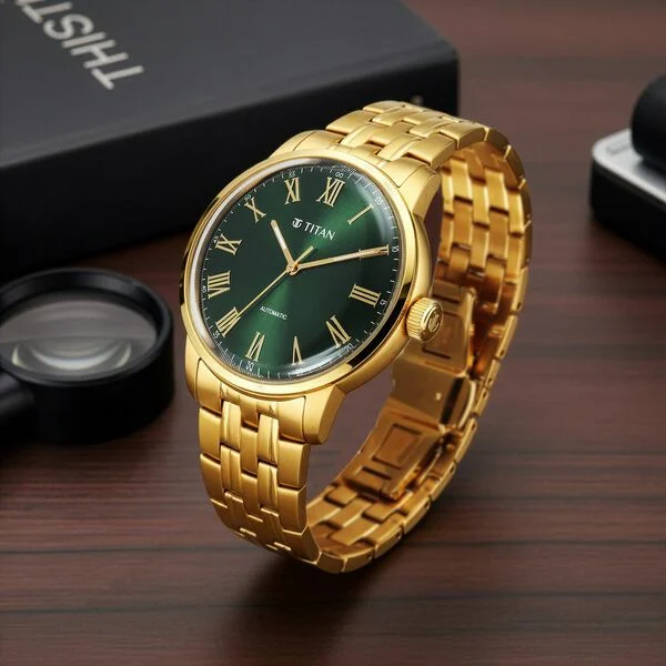 Titan Aurelian Concealed Automatic Analog with Green Dial Roman Numerals Yellow Gold Stainless Steel Strap Watch for Men