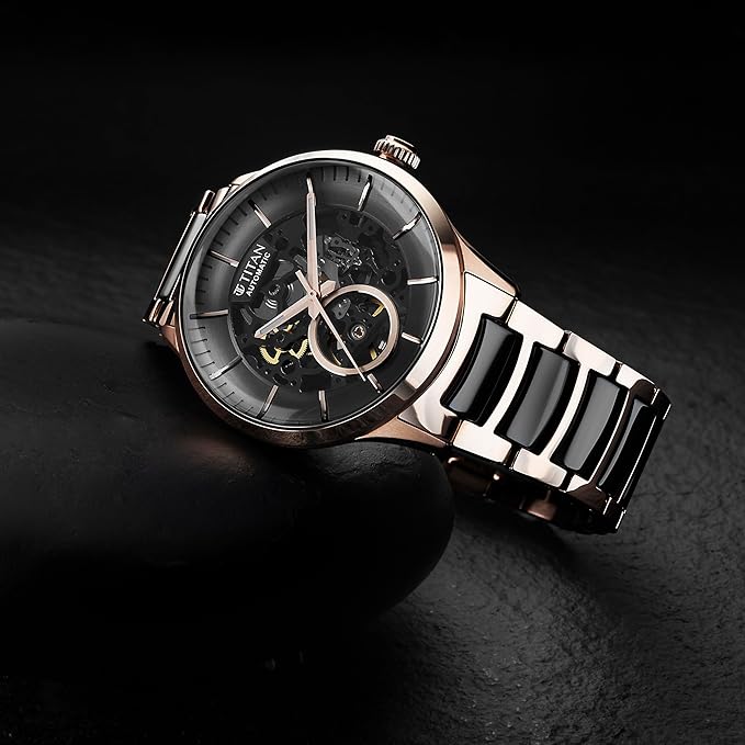 Titan Ceramic Fusion Automatic Anthracite Dial Two Toned Rose Gold and Grey Stainless Steel Bracelet Watch for Men