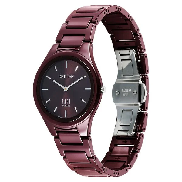 Titan Edge Wine Ceramic Quartz Analog Maroon Dial Red Ceramic Strap Watch For Women