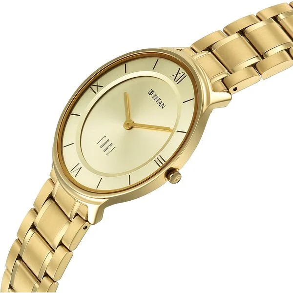 Titan Edge Gleam Quartz Analog Champagne Dial Golden Stainless Steel Strap Watch For Men