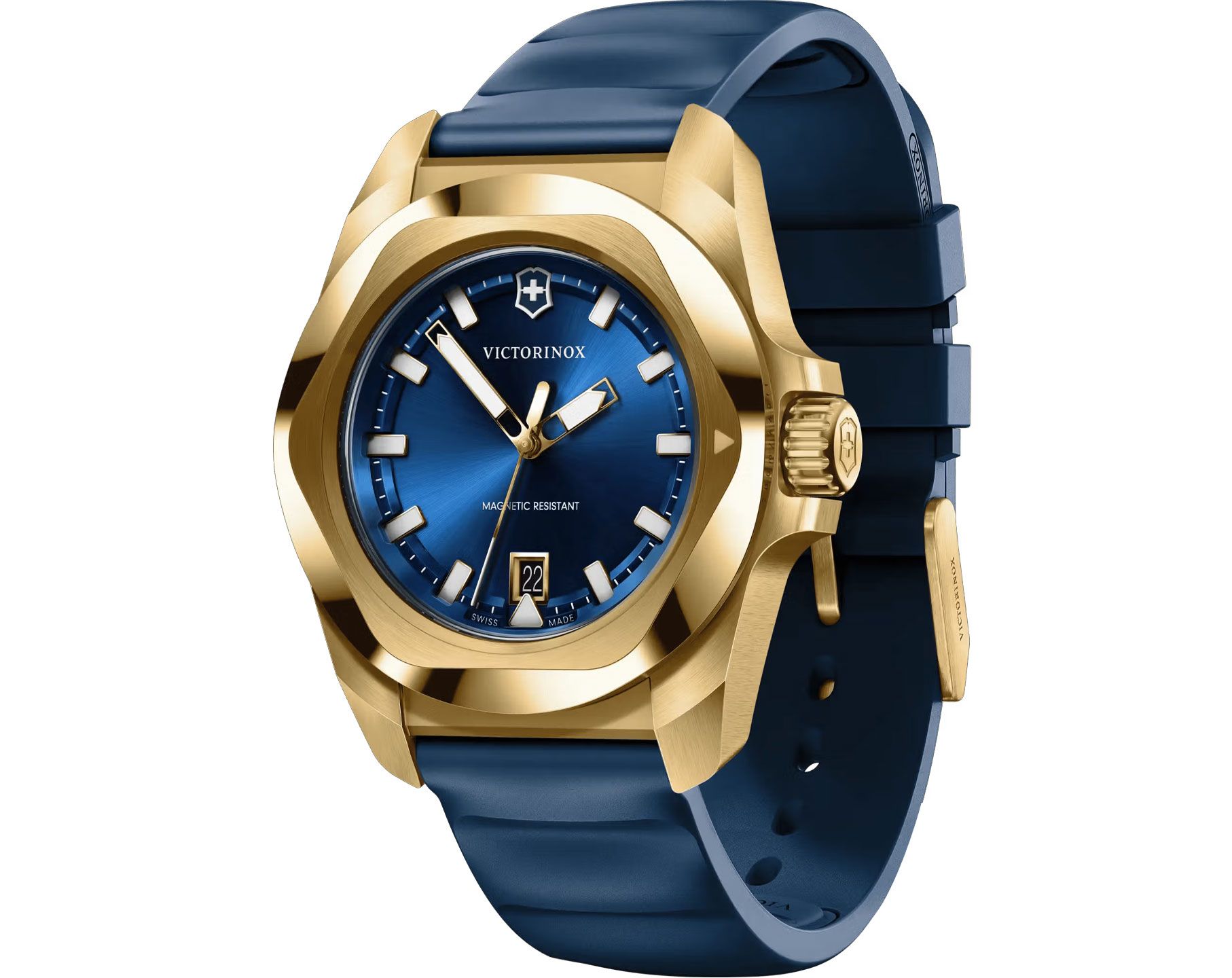 Victorinox I.N.O.X. Swiss Made Men's Watch, Blue Dial, 41 mm, Yellow-Gold Stainless Steel Case, Yellow-Gold Stainless Steel Bezel, Blue Rubber Strap