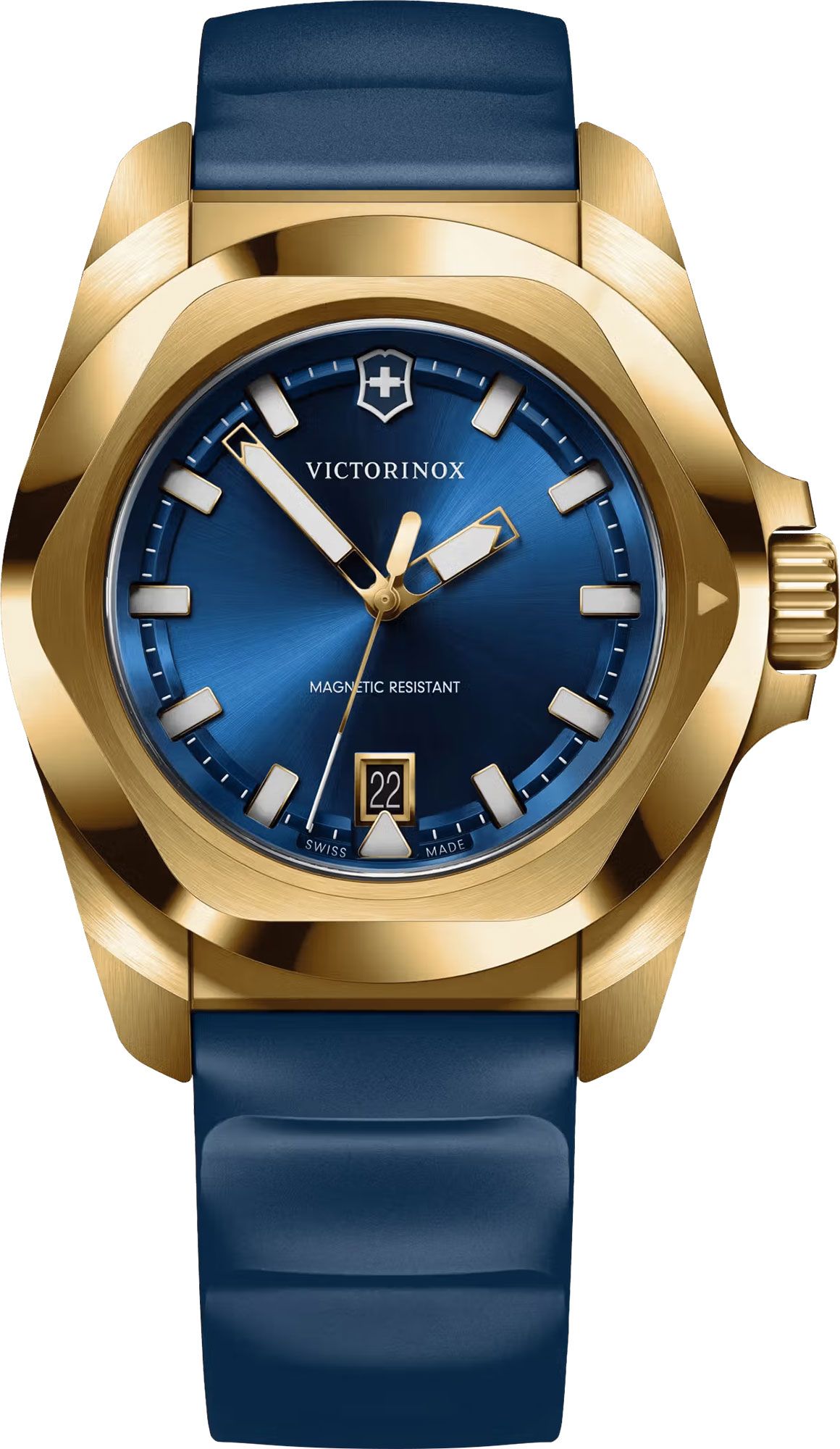 Victorinox I.N.O.X. Swiss Made Men's Watch, Blue Dial, 41 mm, Yellow-Gold Stainless Steel Case, Yellow-Gold Stainless Steel Bezel, Blue Rubber Strap