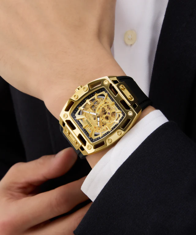 GUESS Mens Black Gold Tone Automatic Watch