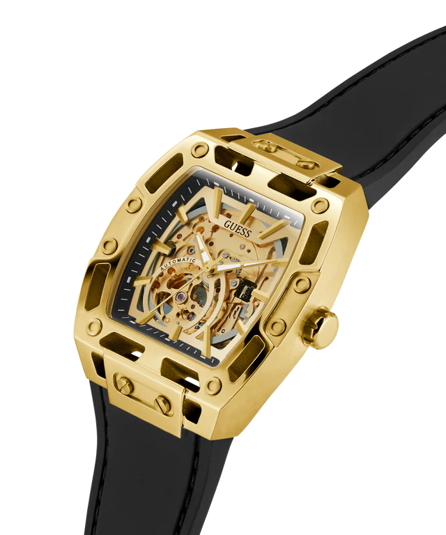 GUESS Mens Black Gold Tone Automatic Watch