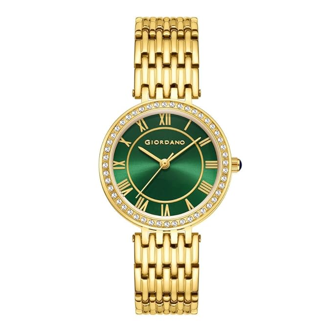 Giordano Eleganza Collection Round Analog Watch for Women, Diamond-Set with Metal Strap Ladies Water Resistant Wrist Watch