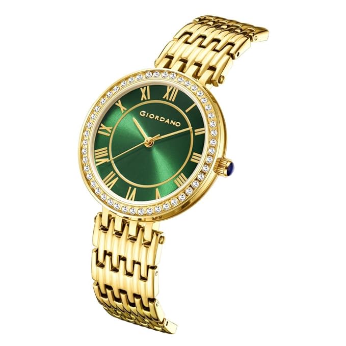 Giordano Eleganza Collection Round Analog Watch for Women, Diamond-Set with Metal Strap Ladies Water Resistant Wrist Watch