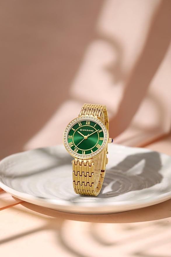 Giordano Eleganza Collection Round Analog Watch for Women, Diamond-Set with Metal Strap Ladies Water Resistant Wrist Watch