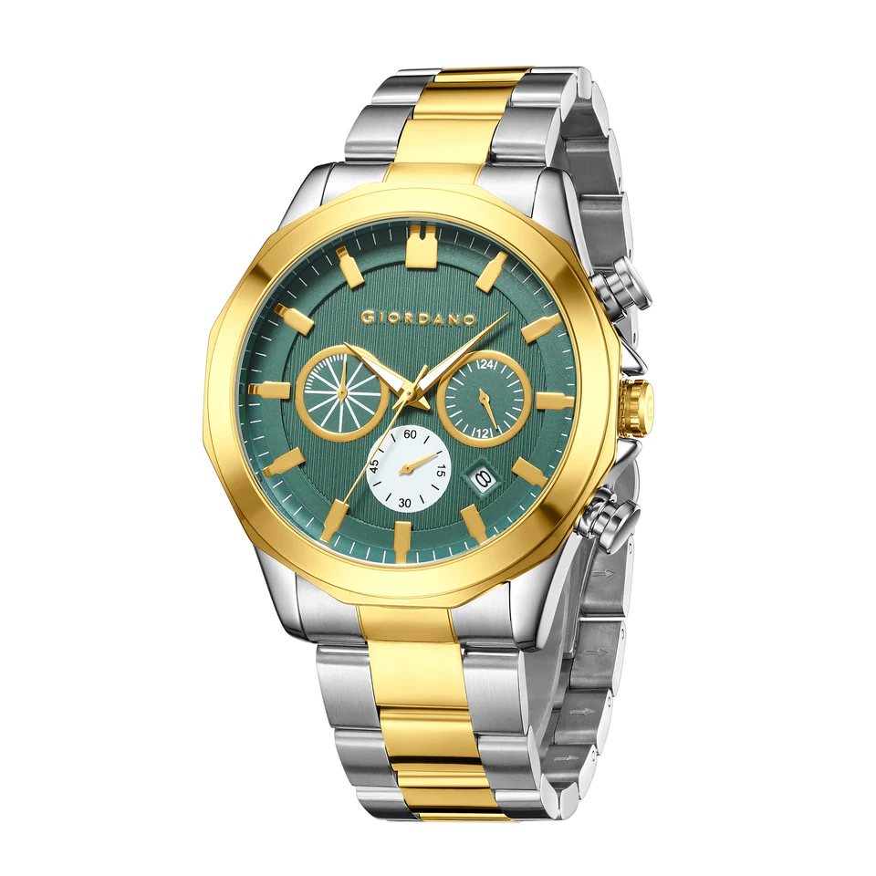 Giordano Analog Quartz Watch for Men with Round Green Textured Dial, Multifunction Sub-Dials, Date Display and Silver & Gold Two-Tone Stainless Steel Strap