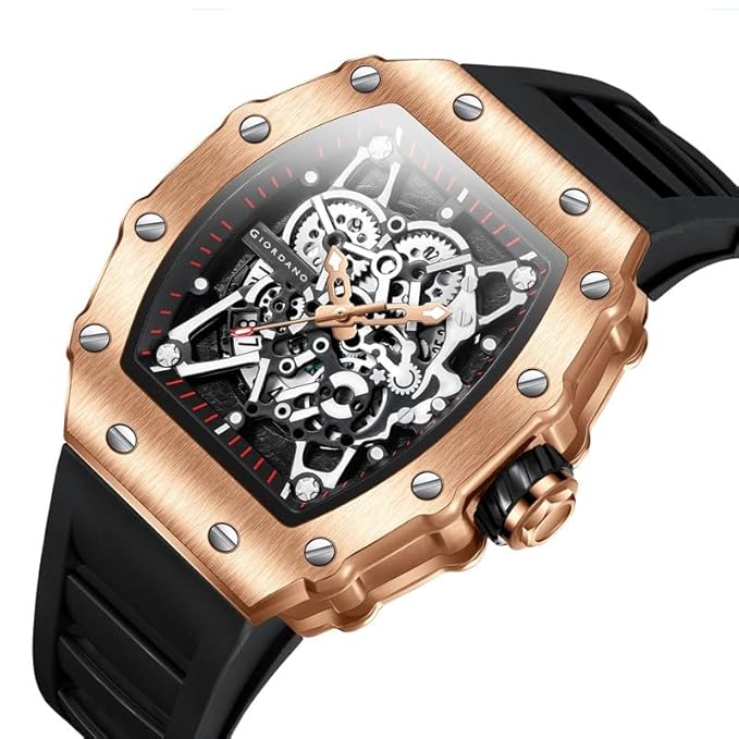 Giordano Analog Watch for Men - Skeleton-Style Dial | Brushed Steel Case with Silicone Strap