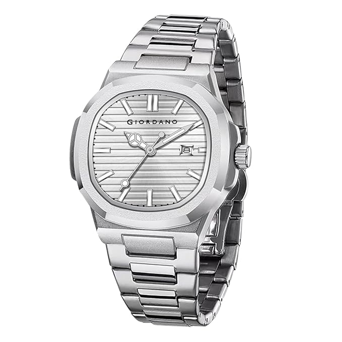 GIORDANO Analog Watch for Men – Textured Dial, Stainless Steel Strap, Date Display, Quartz Movement, Water Resistant