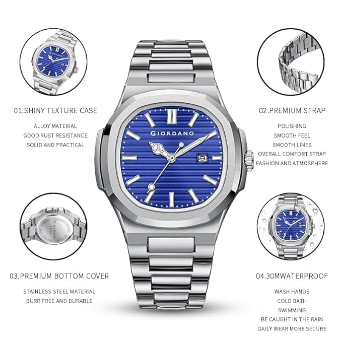GIORDANO Analog Watch for Men – Textured Dial, Stainless Steel Strap, Date Display, Quartz Movement, Water Resistant