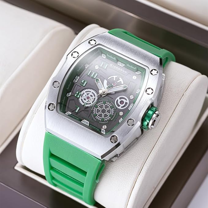 Giordano Square Analog Casual Sporty Watch for Men – Mechanical-Inspired Design dial, Quartz Movement, Silicon Strap and Date Display Function