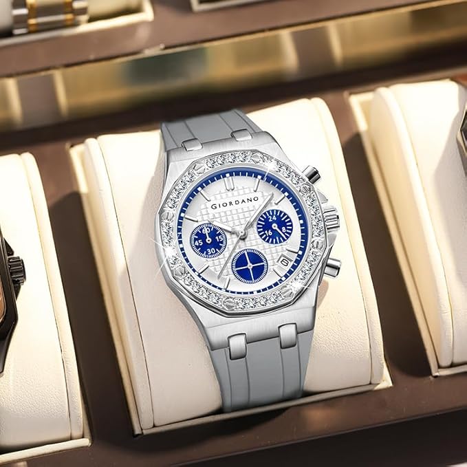 Giordano Chronograph Watch for Women | Stainless Steel Case, Crystal Bezel | Modern & Stylish Timepiece with Comfortable Silicone Strap