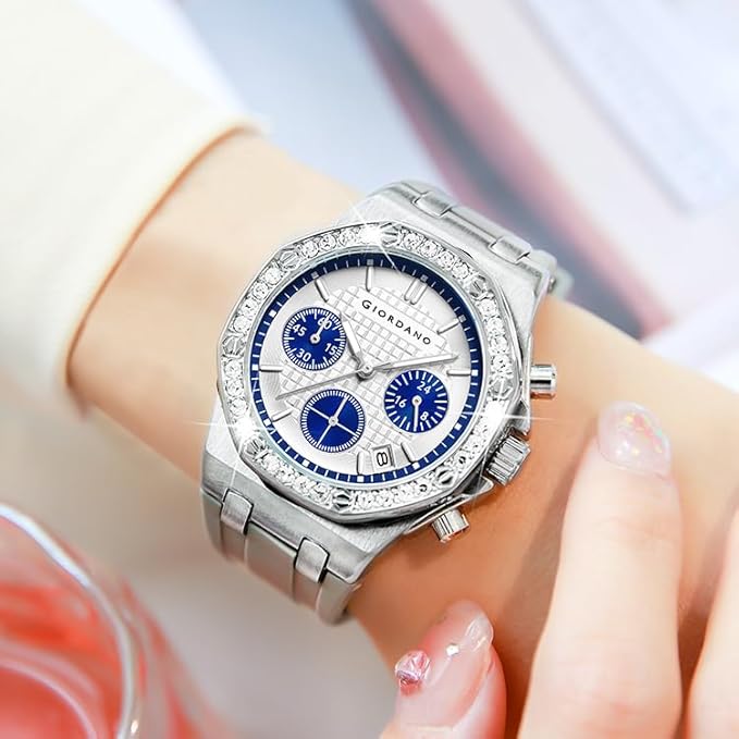 Giordano Chronograph Watch for Women | Stainless Steel Case, Crystal Bezel | Modern & Stylish Timepiece with Comfortable Silicone Strap