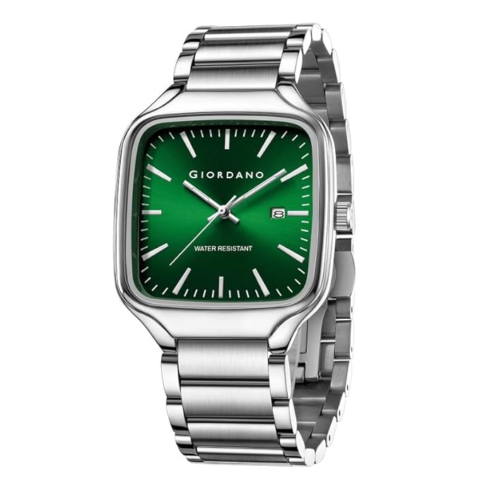 Giordano Analog Watch for Men – Square Dial, Stainless Steel Strap, Date Display, Water Resistant Classic Dress Watch