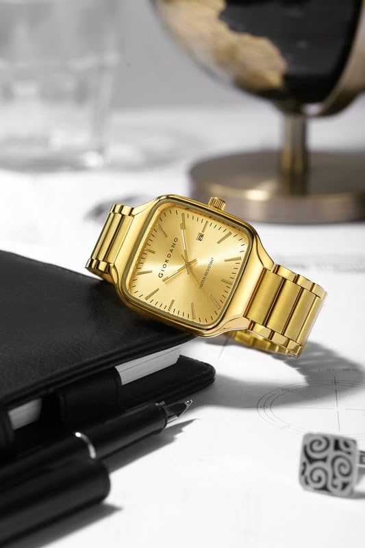 Giordano Analog Watch for Men – Square Dial, Stainless Steel Strap, Date Display, Water Resistant Classic Dress Watch