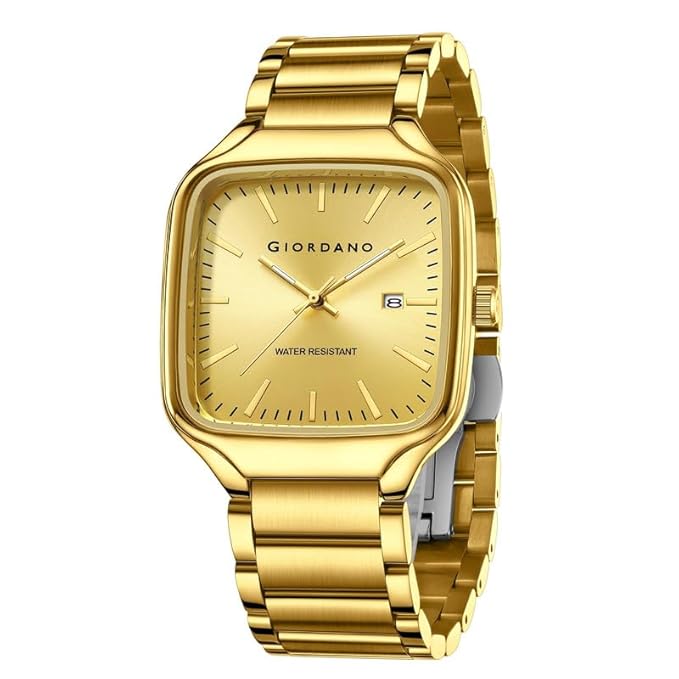 Giordano Analog Watch for Men – Square Dial, Stainless Steel Strap, Date Display, Water Resistant Classic Dress Watch