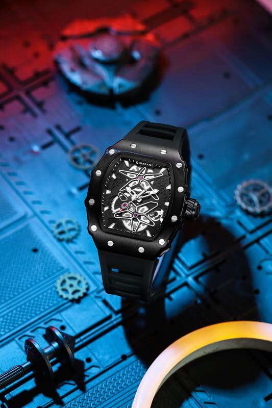 Giordano Analog Skeleton Dial Watch for Men – Tonneau Case, Silicone Strap, Open-Gear Sport Design, Quartz Movement