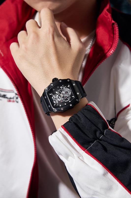 Giordano Analog Skeleton Dial Watch for Men – Tonneau Case, Silicone Strap, Open-Gear Sport Design, Quartz Movement