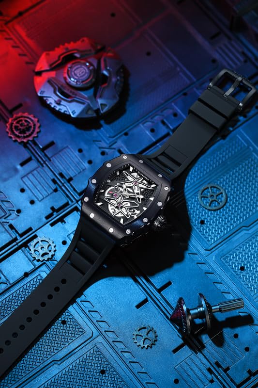 Giordano Analog Skeleton Dial Watch for Men – Tonneau Case, Silicone Strap, Open-Gear Sport Design, Quartz Movement