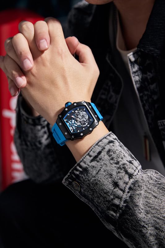 Giordano Analog Skeleton Dial Watch for Men – Tonneau Case, Silicone Strap, Open-Gear Sport Design, Quartz Movement