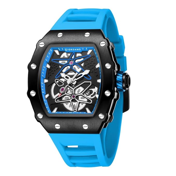 Giordano Analog Skeleton Dial Watch for Men – Tonneau Case, Silicone Strap, Open-Gear Sport Design, Quartz Movement
