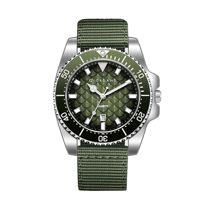 Giordano Analog Quartz Watch for Men with Black Textured Fish Scale Dial, Luminous Hands & Markers, Date Window, Nylon NATO Strap, Rotating Bezel
