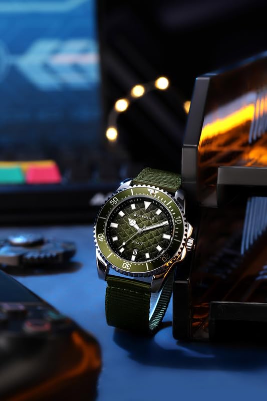 Giordano Analog Quartz Watch for Men with Black Textured Fish Scale Dial, Luminous Hands & Markers, Date Window, Nylon NATO Strap, Rotating Bezel
