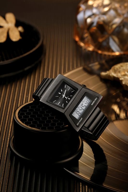 Giordano Analog Digital Watch for Men with Triangle Shape Black Dial, Dual Time Display, Black Stainless Steel Strap